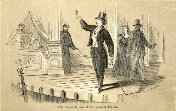 Sketch of the treasonable toast Pauline Cushman in top hat and tails raising a glass